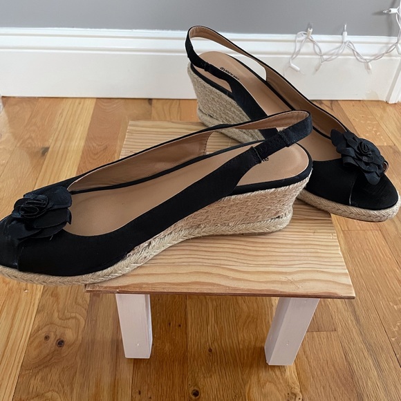 Black Satin Open Toed Wedges - Picture 4 of 7